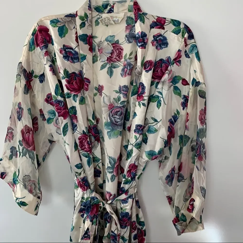 Vintage Satin Floral Robe Silky Size Large with Sheer Sleeves